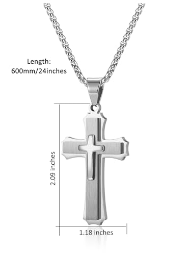 Jovivi Mens Cross Necklace for Men,Stainless Steel Silver Cross Crucifix Pendant Chain Necklace for Boys Men's Christian Confirmation Baptism Cross Chain Jewellery Easter Gifts Silver Cross Necklace