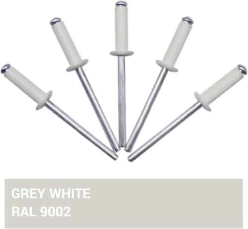 Generic grey white painted blind rivets, dome head, 5/32 x 9/16 inch aluminum pop rivets with steel mandrels