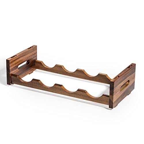 Kalmar Home acacia wood stackable wine rack with four bottles, freestanding design, measuring 20.25 by 9 by 5 inches.
