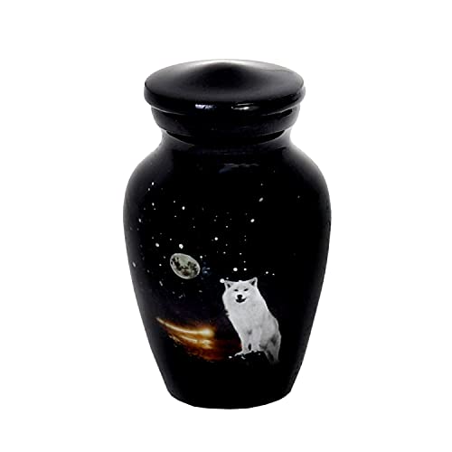 HLC White Wolf Night Full Moon Keepsake Urn - Small (3.5" cu.in.) with 1 Velvet Box Bag