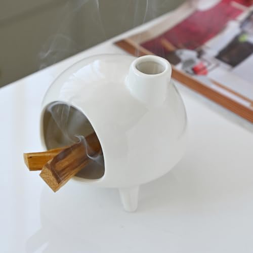 Handmade Ceramic Palo Santo Holder Burner - Mini Chimenea Incense Dish for Palo Santo and Sticks .Sage Holder for for Aromatherapy, Yoga, Meditation Gift and Home Decor (White) White