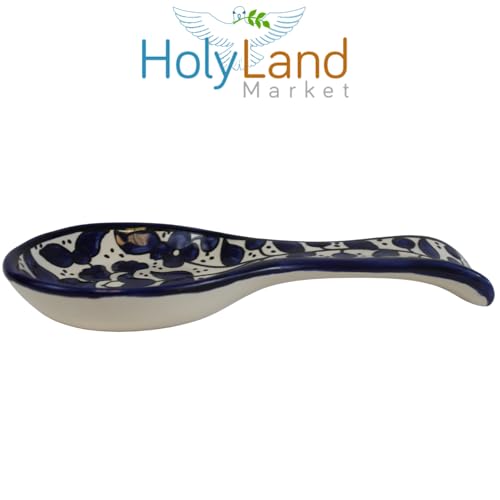 Armenian hand painted cooking Spoon Rest/Ladle Holder - Large with deep Round Cup part - Asfour Outlet Trademark Blue Flowers 8.5 Inches