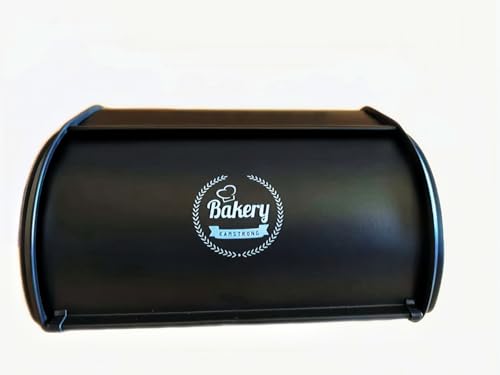 Vintage black stainless steel JunWondC bread box with a roll-top lid, farmhouse style, small size for kitchen countertop storage.