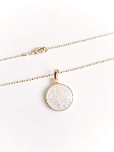 SIFRIMANIA Saint Benedict Mother of Pearl Medal Necklace Gold Plated Ball Chain Handmade