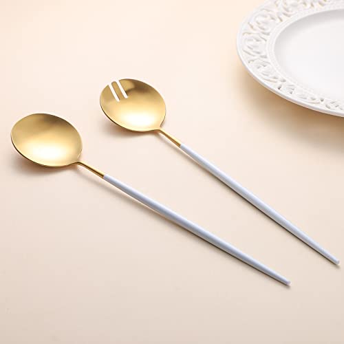 Salad Servers,Spoon and Fork Set 11.41 inch,18/10 Stainless Steel Salad Serving Titanium Plating (White gold) White/Gold