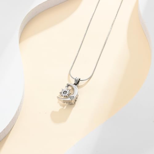 Crescent Moon and Sun Rose Urn Necklace Cremation Jewelry for Human Ashes for Women Men Memorial Ashes Keepsake Pendant Silver