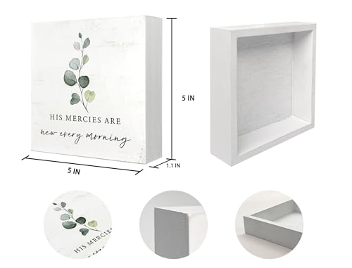 Mtrgdn His Mercies are New Every Morning Decor Sign,Christian Eucalyptus Desk Decor Sign,Bible Verses Wood Box Sign for Home Office Desk Shelf Wall Decor,5x5 Inch