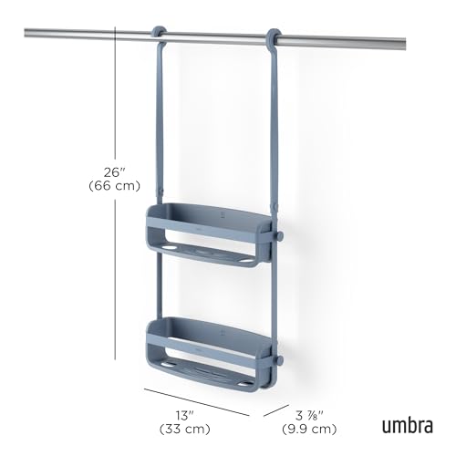Umbra Flex Shower Caddy with two hanging shelves in slate blue for bathroom organization and storage.