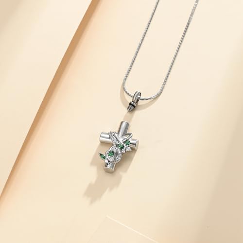 Cross Cremation Jewelry Butterfly Urn Necklace for Human Ashes for Women Men Memorial Ashes Keepsake Birthstone Pendant Silver-Green