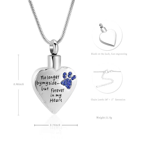 Pet Cremation Jewellery Stainess Steel Heart Urn Necklace for Ashes Keepsake Ashes Necklace Dog Cat Paw Memorial Urn Pendant for Women Men Silver-blue