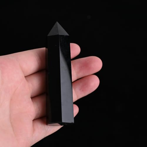 Black Obsidian Gemstone Wand-Natural 6 Faceted Healing Crystal Tower Point Obsidian for Reiki, Chakra Meditation, Energy Protection, Home Decor & Spiritual Gift (3.1"-3.9") Black Obsidian