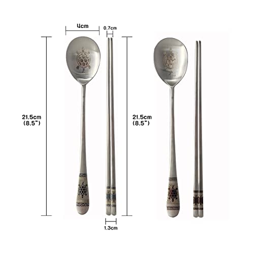 [Made in Korea] Hologram Turtle Design Korean Table Sticky Rice Spoon and Chopsticks 304 Stainless Steel Flat Chopsticks Matt Surface Mukbang Cutlery (Blue and Red) Blue and Red