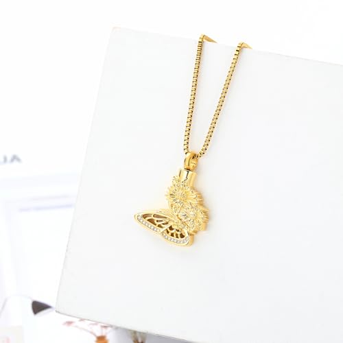 XSMZB Butterfly Sunflower Urn Necklace for Ashes for Women Cremation Jewelry Ashes Holder Keepsake Pendant Gift for Loss Loved One Gold