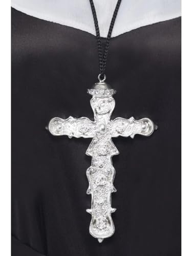 Smiffys Ornate Cross Pendant, Silver on Black Cord, Saints and Sinners Fancy Dress, Monk Dress Up Jewellery Halloween