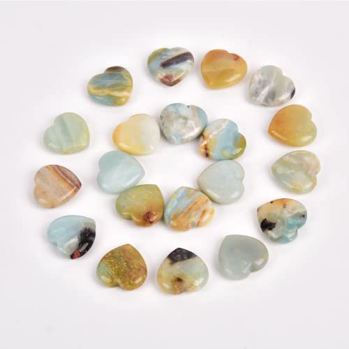 JIC Gem Set of 20 pcs 30mm Amazonite Healing Crystal Fluorite Heart Stones Love Carved Palm Worry Stone Energy Yoga and Decoration