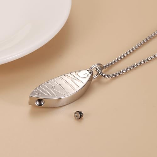 Cremation Jewelry Stainless Steel Surfboard Urn Necklace For Ashes For Women Men Surf Keepsake Necklace Silver