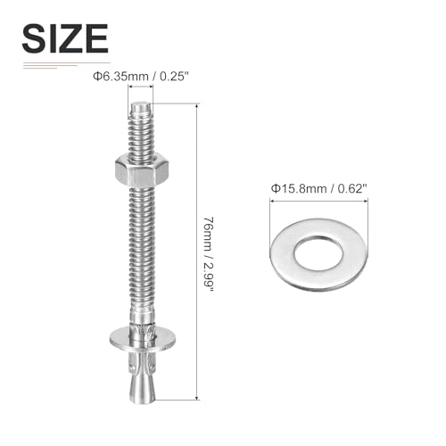 DTGN 1/4 x 3 inch wedge anchors with zinc-plated stainless steel bolts, nuts, and expansion tubes, 20-pack