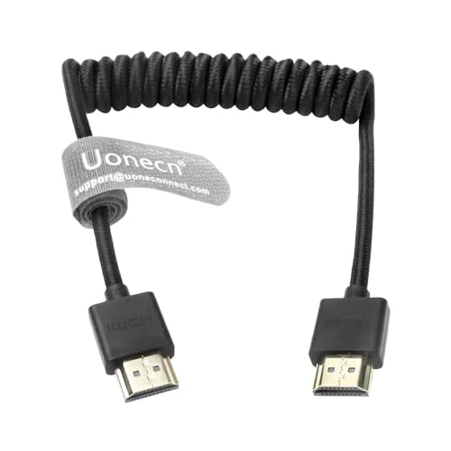Uonecn 8K HDMI Cable for Camera Monitors, 48Gbps Short HDMI for Atomos Ninja V, Portkeys BM5, Braided Coiled HDMI Cable for Sony A7iv, Z-CAM F6, Z-Cam E2 Pro Cameras, Black, 12"-18" Straight to Straight