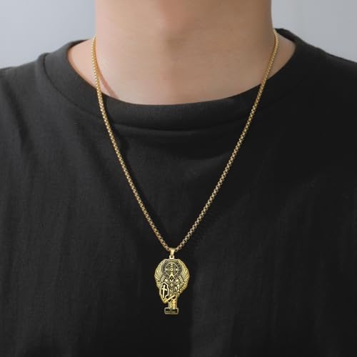 Saint Michael Necklace for Men Women Archangel Michael Pendant Vintage Ancient Amulet Pendant Jewelry Gift (Box Chain, Gold)