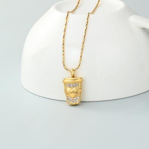 Imrsanl Coffee Cup Memorial Urn Necklace Cremation Jewelry for Ashes Gold