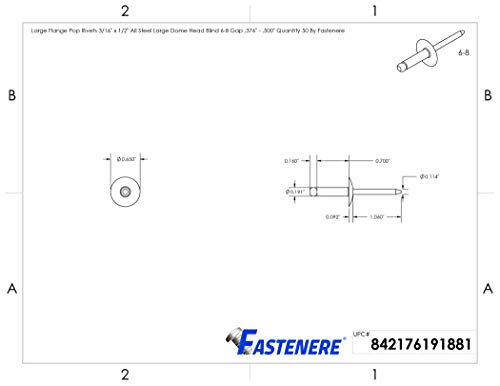 Fastenere Large Flange Pop Rivets - 3/16" x 1/2" (50 pcs) Heavy Duty, Open End, Steel Zinc, Corrosion-Resistant, High Tensile & Shear Strength, 6-8 Gap .376" - .500"