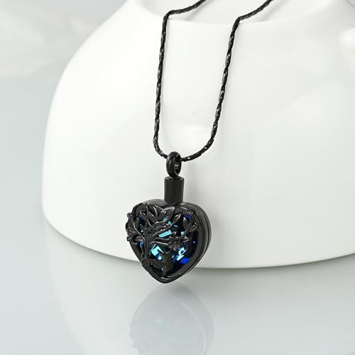Imrsanl Tree of Life Cremation Jewelry Crystal Heart Urn Necklace Black-Blue