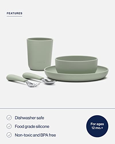 Lalo Big Bites starter kit with five sage silicone kids' dinner plates featuring colorful designs for mealtime fun.