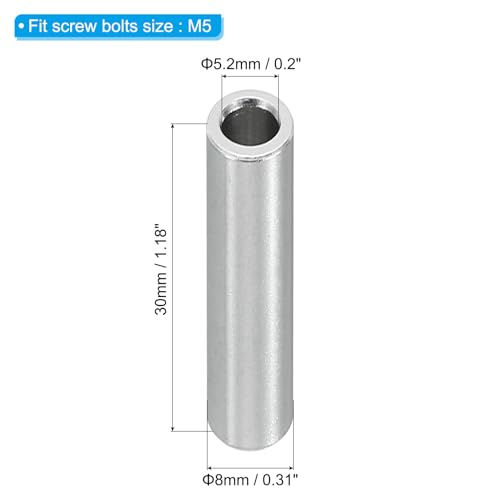 PATIKIL M5 aluminum spacers, 10-piece round metal standoffs, 5.2mm ID x 8mm OD x 30mm length