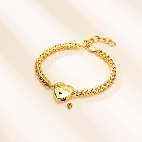"Mnicremation Urn Bracelet for Ashes Heart Locket Cremation Bracelet,Memorial Adjustable Ashes Link Holder Bangle Link Chain Women - Always in my heart" Gold-Always