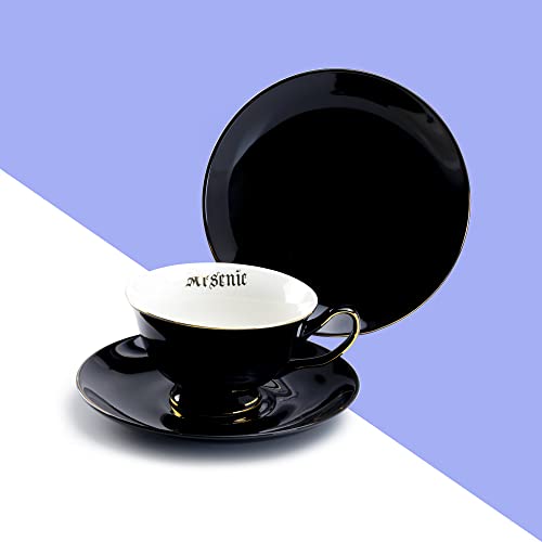 Skull Arsenic Black Gold Tea Cup and Saucer with Gold Trim Halloween