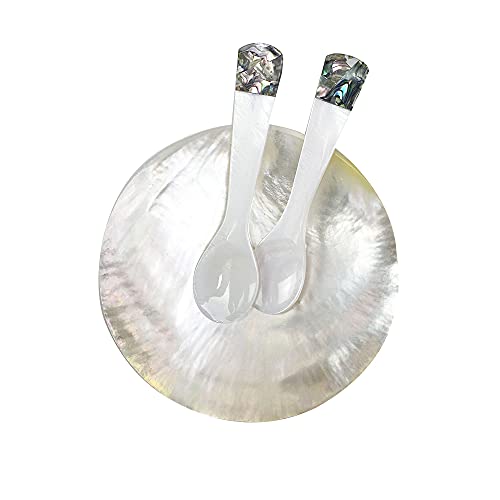 DUEBEL MOP Caviar Server Set, Plate Plus Set of 2 Mother of Pearl Caviar Spoons with Green Abalone 3.5” Decoration for Caviar, Appetizer, Dessert, Egg, Icecream