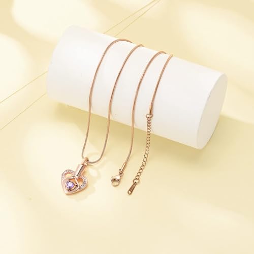 Birthstone Heart Urn Necklace for Ashes Keepsake Memorial Lover Cremation Jewellery for Women Mother Girls Pink-purple