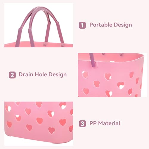Portable Shower Caddy Basket with Handle, Large Capacity Plastic Shower Storage Tote Bathroom Organizer with Drain Holes for Shampoo Soap Toiletries Space Saving Lightweight for Bathroom Gym (Pink) Pink