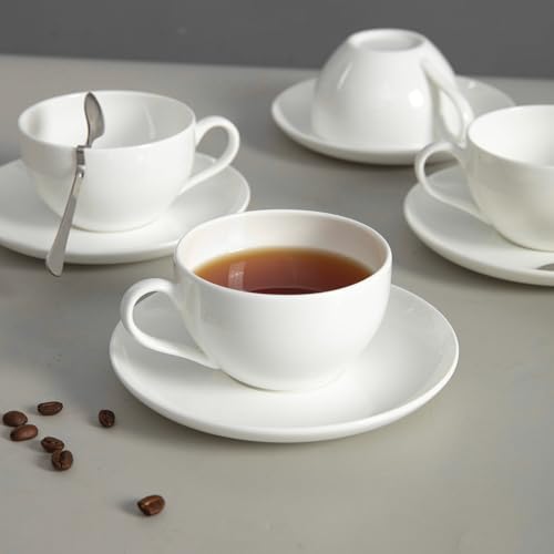 Bone China Tea Cups and Saucers Set (6 oz, Set of 4) – White Luxury Fine Porcelain Mugs for Tea, Coffee, Latte Art, Barista Use, Elegant Gifting Mid Minghai White 7 oz (4 pcs)