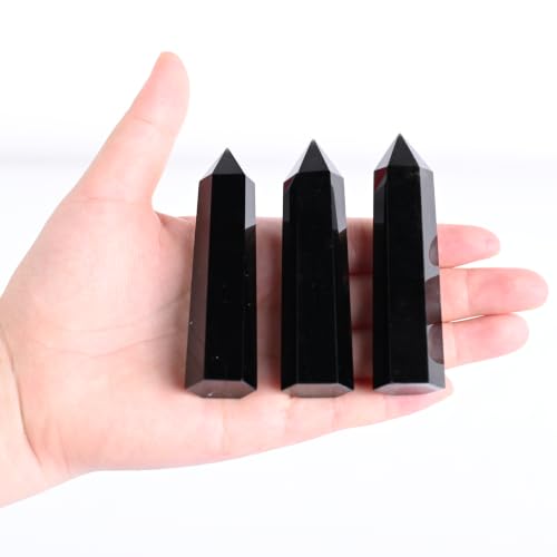 Black Obsidian Gemstone Wand-Natural 6 Faceted Healing Crystal Tower Point Obsidian for Reiki, Chakra Meditation, Energy Protection, Home Decor & Spiritual Gift (3.1"-3.9") Black Obsidian