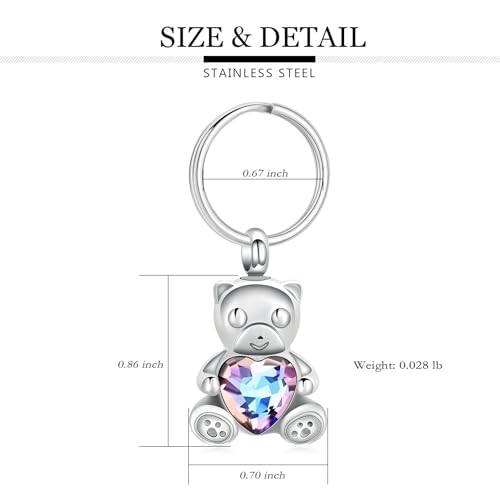 Yinplsmemory Teddy Bear Cremation Jewelry Urn Keychain for Ashes for Women with Crystal Heart Urn Keepsake Pendant Key Ring Rainbow