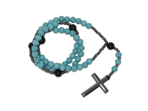 N379 5-Decade Rosary – Turquoise Howlite, Hematite & Black Agate Beads – Handmade Catholic Prayer Rosary with Cross – Spiritual Gift for Men & Women