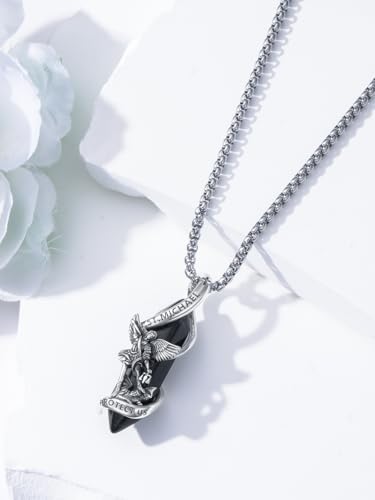 Seiyang Saint Necklace 925 Sterling Silver St Michael/St Christopher/St Jude/Saint Benedict/Knights Templ/Saint Patrick Pendant Necklace Amulet Protection Jewellery for Men Silver and black
