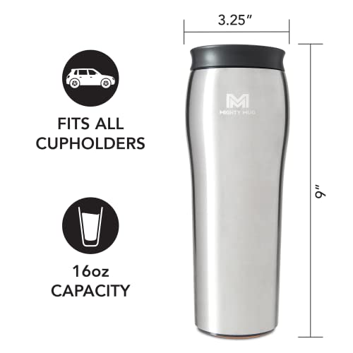 Mighty Mug | The Untippable Mug | Grips When Hit, Lifts for Sips | Insulated Stainless Steel Tumbler | Cupholder Friendly | Gifts for Women Men All | Leakproof | 6 Hours Hot / 24 Cold | 16oz | Silver 16 Ounces