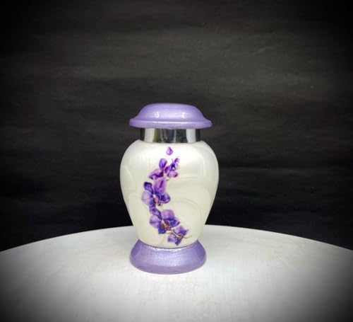 Small Keepsake Urn for Ashes White purple Orchid flower - 3" Height and can accomodate 3 cubic inches only - With Beautiful Cap and Base - Mini Urns for Gifting and give away