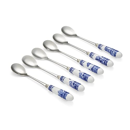Spode Blue Italian Collection Teaspoons | Set of 6 | Made of Stainless Steel with Porcelain Handles | 6 Inch Dessert Spoons | Blue/White | Hand Wash Only 15cm