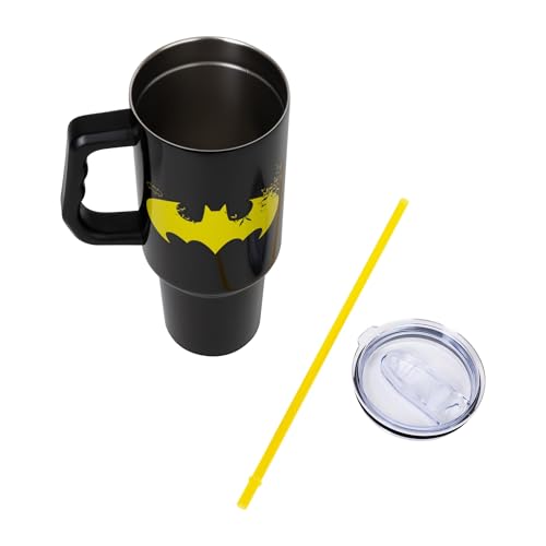 Silver Buffalo DC Comics Batman Logo Double Walled Stainless Steel Tumbler with Handle and Straw, Fits in Standard Cup Holder, 40 Ounces