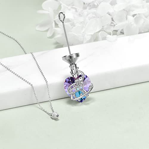YFN Elephant Heart Crystal Urn Necklace for Ashes Cremation Jewelry Sterling Silver with Crystal Jewelry Gifts for Women Purple Pink
