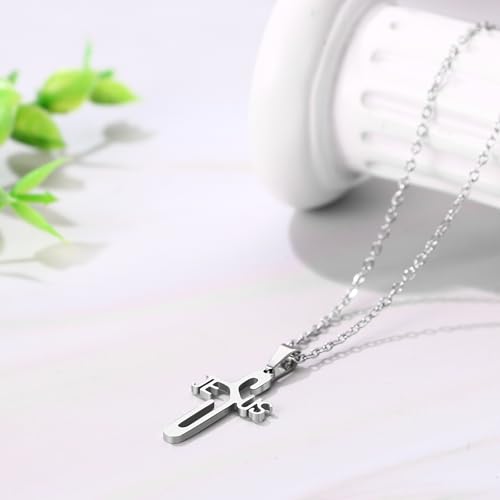 JewelryWe Jesus Silver Cross Necklace: Unisex Stainless Steel Christian Faith Men Women Unique Religious Gift Silver Polished Chain Pendant
