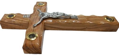 Zuluf 7.8" Catholic Wall Crucifix Olive Wood Cross with Metal Jesus Corpus – Handmade Christian Wall Hanging with Holy Land Elements & Certificate – Bethlehem Religious Gift CRS043 7.9"L x 4.7"W