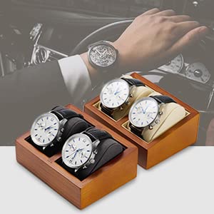 Oirlv solid wood double watch display stand in grey with square design, showcasing two watches on a jewelry tower.
