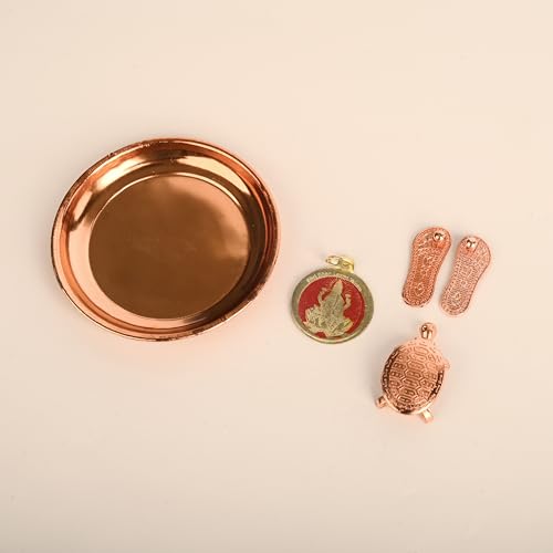 Charan Plate set with Tortoise Lakshmi Pendant and Lakshmai Charan for Pooja Ghar Home Temple Mandir Traditional Religious Auspicious Puja Items Décor Decoration and Gifting (Lakshmi Charan Combo) Lakshmi Charan Combo