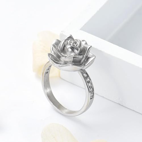 Urn Ring for Ashes Rose Flower Cremation Jewelry Crystal Ashes Ring for Women Stainless Steel Rose Flower Keepsake Memorial for Ring Gifts 8#