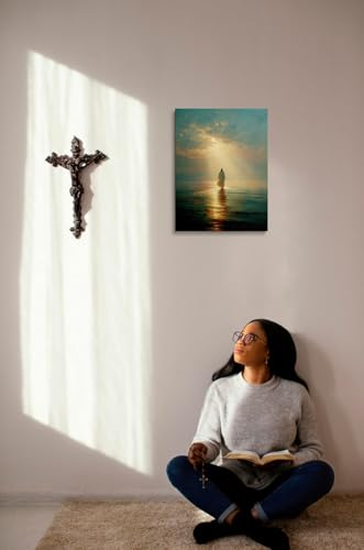 Christian Wall Art 12x16 Framed Canvas Jesus Prints Walking On Water Jesus On Water 16"L x 12"W