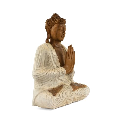 G6 Collection Wooden Serene Sitting Buddha Statue Handmade Meditating Sculpture Figurine Home Decor Accent Wood Hand Carved Modern Contemporary Oriental Buddha Anjali Mudra (8" Tall – Whitewashed) 8" Tall – Whitewashed